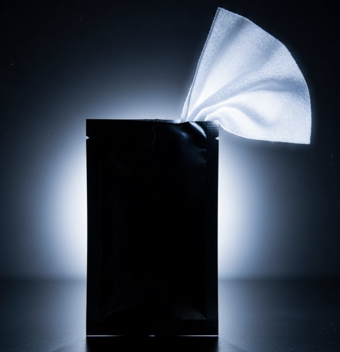 Black sachet with a white wipe in cool blue light